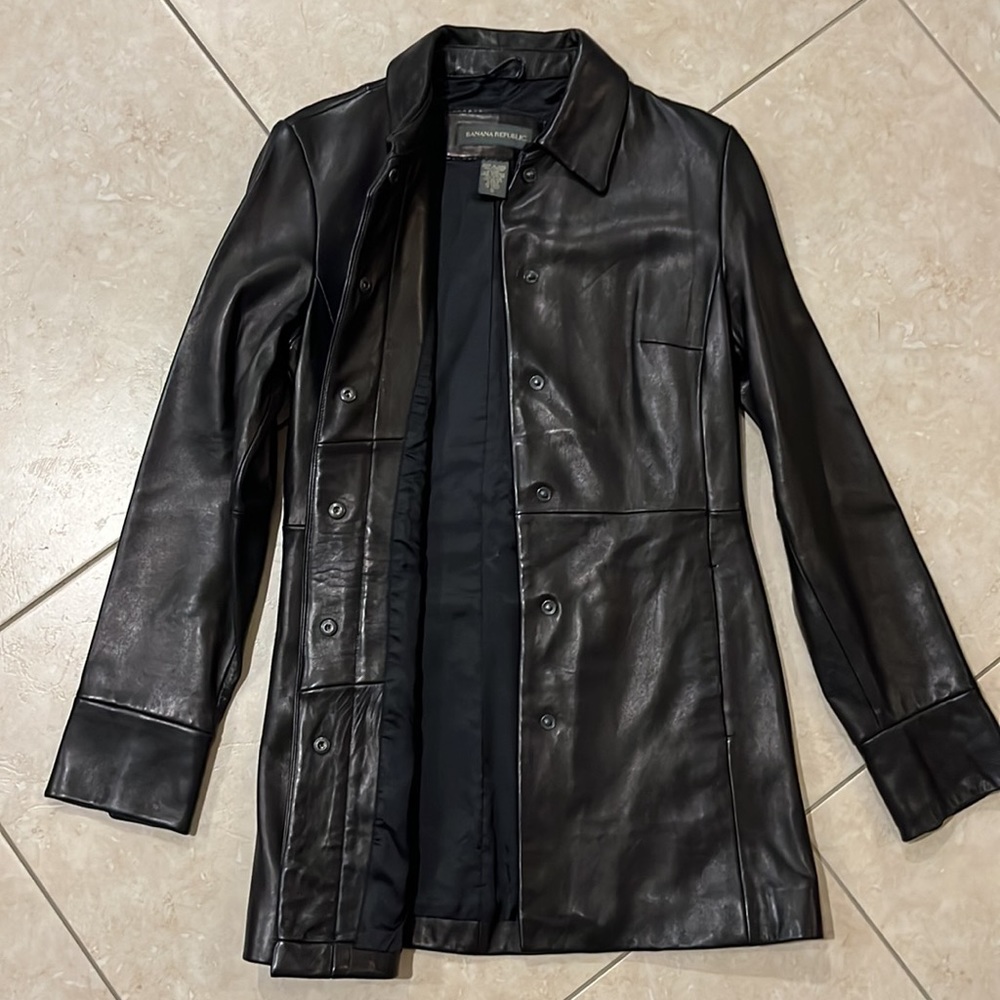 Banana Republic Vtg Black Leather Coat Small NWOT Genuine Leather